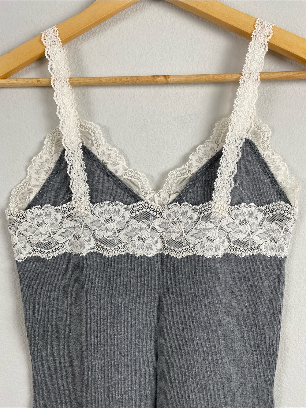 Abercrombie & Fitch Lace Embroidered Ribbed Camisole/Tank Top | Gray/Ivory - Picture 5 of 16